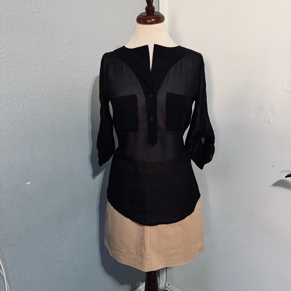 Maurices Women Black Sheer Seethrough 3/4 Sleeve Front Pocket Blouse Size XS